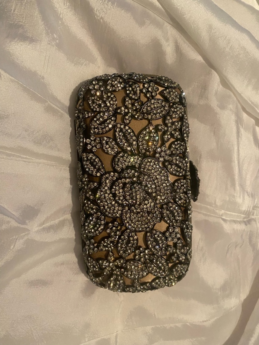 Natasha Couture Gold Crystal Floral Minaudiere Clutch